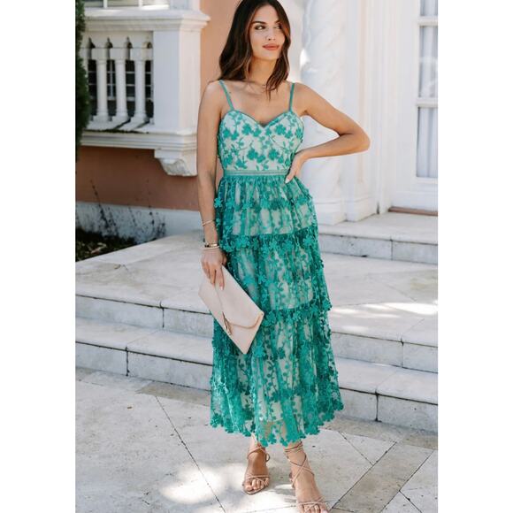 VICI Pascal Tiered Crochet Lace Midi Dress Teal Green XS - Picture 1 of 12